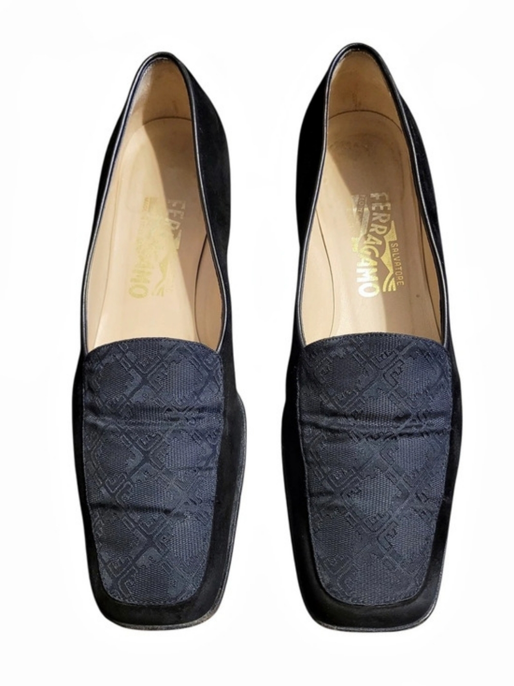 Salvatore Ferragamo Black Suede Leather Loafers Monogram Textile Vamp Wmn 8.5B